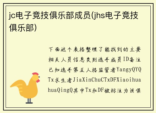 jc电子竞技俱乐部成员(jhs电子竞技俱乐部)